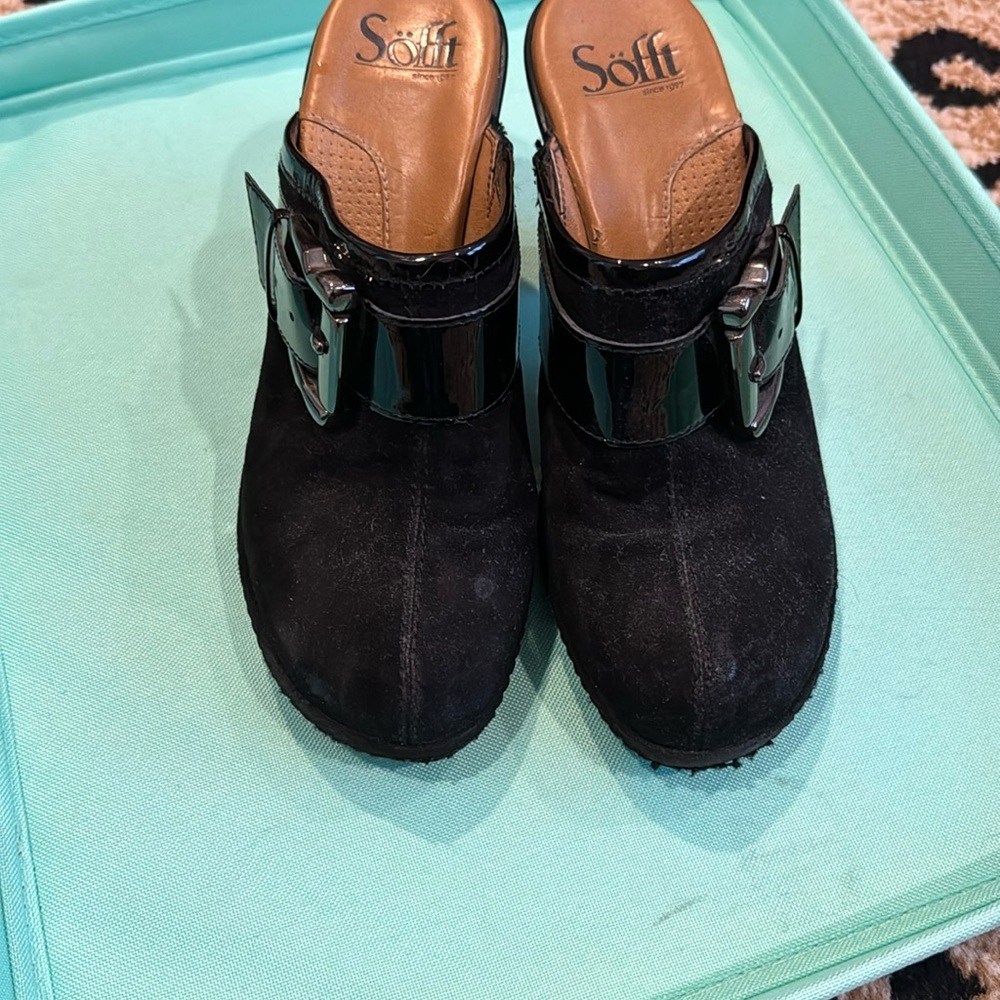 Gently used Sofft suede high heel mule with patent letter buckle.
